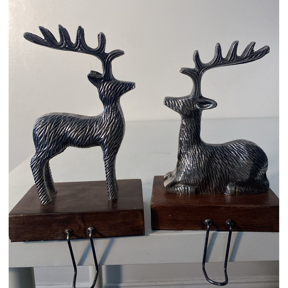 2 (Pair) Cast Metal With Wood Base Deer Stocking Holders Kohls